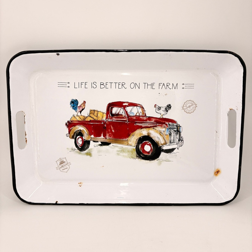 Farmhouse Rustic Enamelware Serving Tray Red Truck‎ Rooster Anne Tavoletti